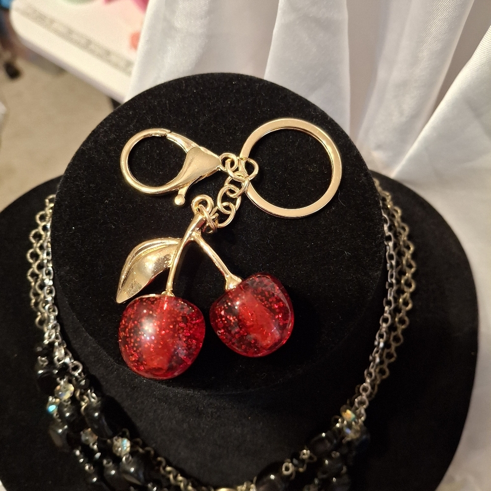 Cherry Gold and Red Cherry Keychain Bag Charm Purse Jewelry